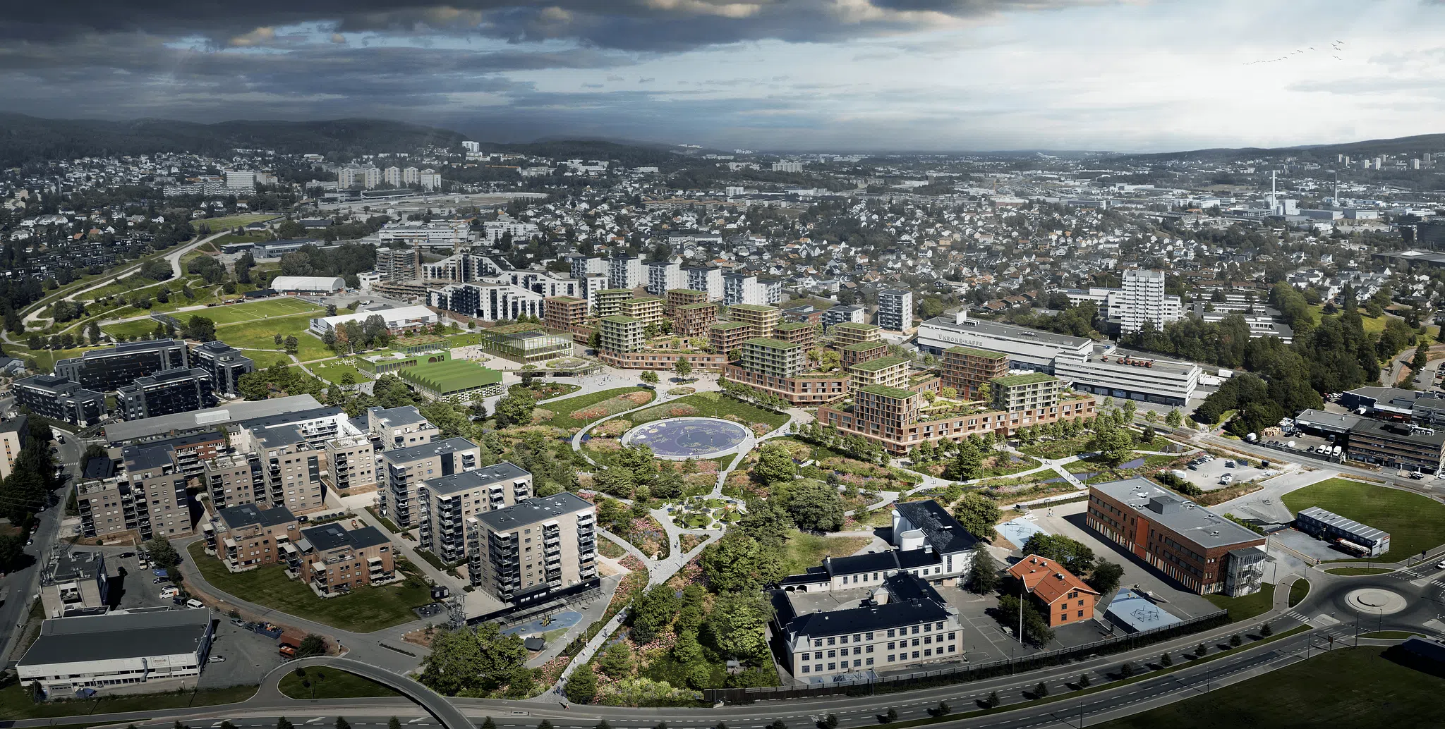 Flyfoto av nye Økern med park, torg og nye boliger